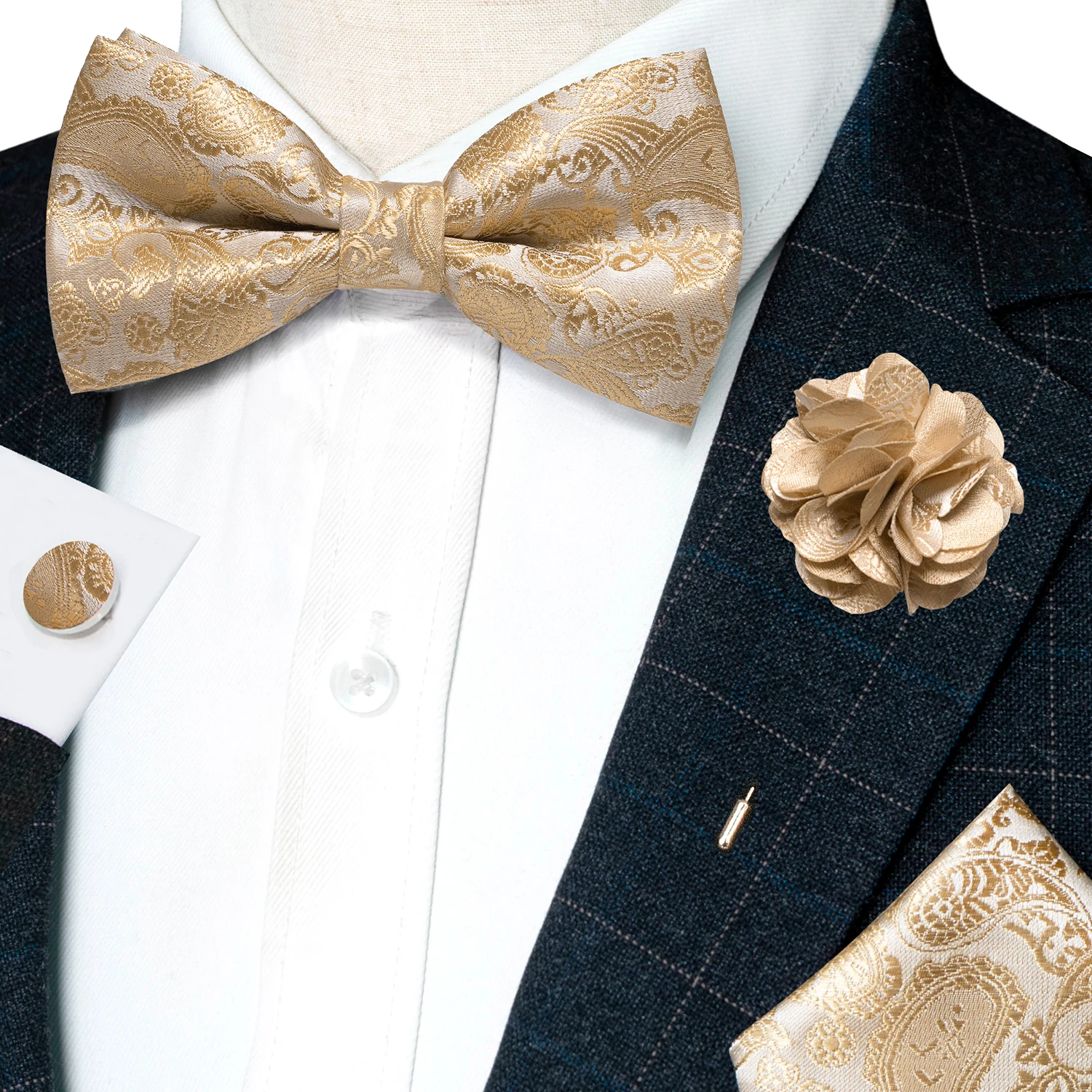 Bow Tie Pre Tied - Champagne Silk Jacquard Paisley Mens Bow