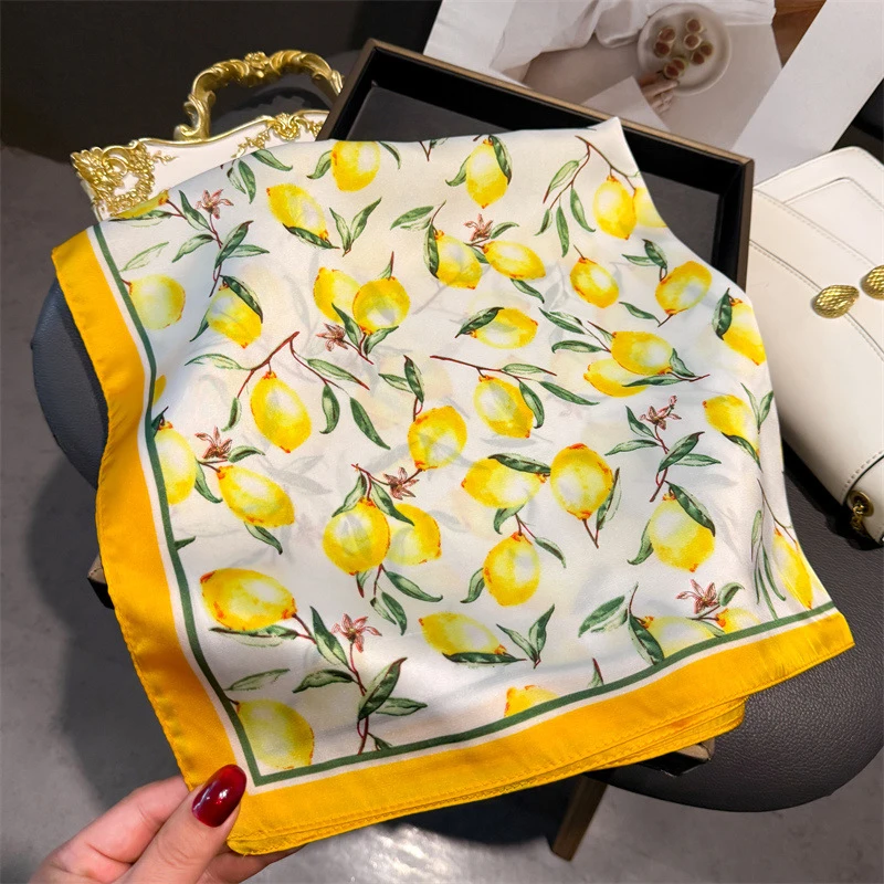 70cm Square Lemon Print Yellow - Silk Neck Scarf ulasan dan harga