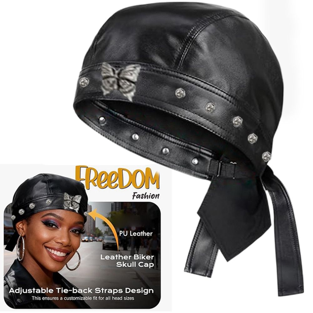 PU Leather Black Biker Cap Adj - Bandana Doo Rag ulasan dan harga